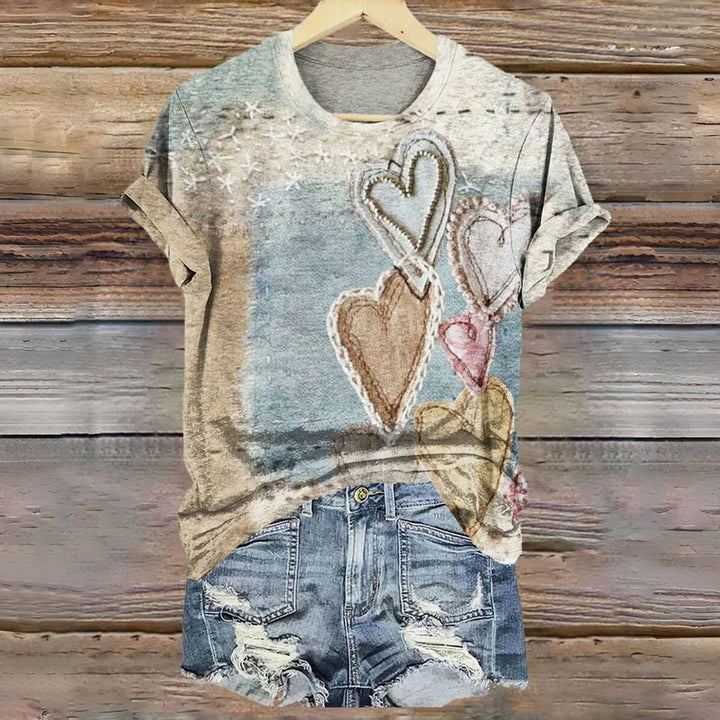 Nikola / Vintage'owy T-Shirt Z Nadrukiem Serca